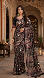 Premium Satin Ajrakh Printed Mirror Work Saree With Unstitched Blouse(Black)