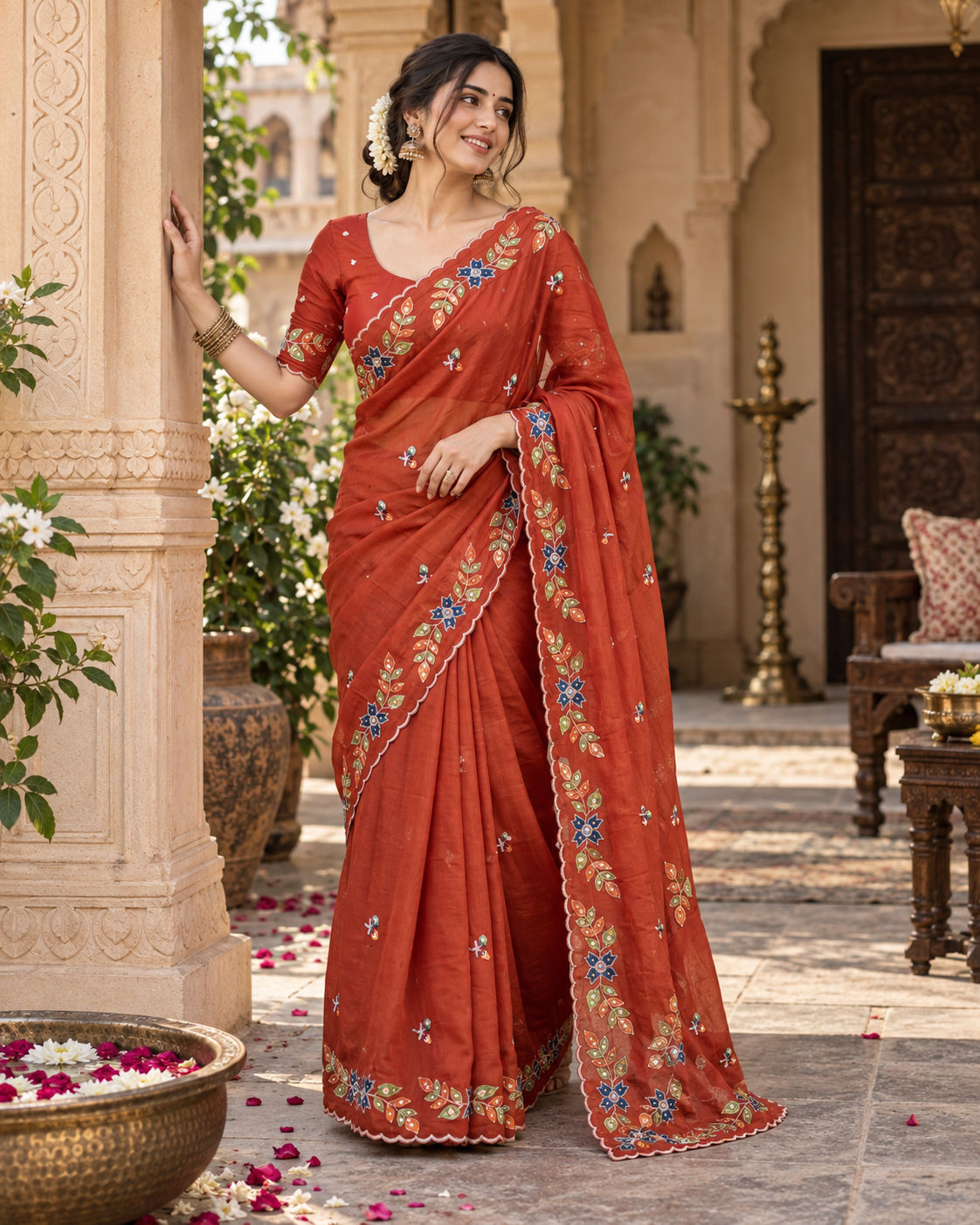 Rangoli Silk Embroidery Work Saree With Unstitched Blouse(Orange)