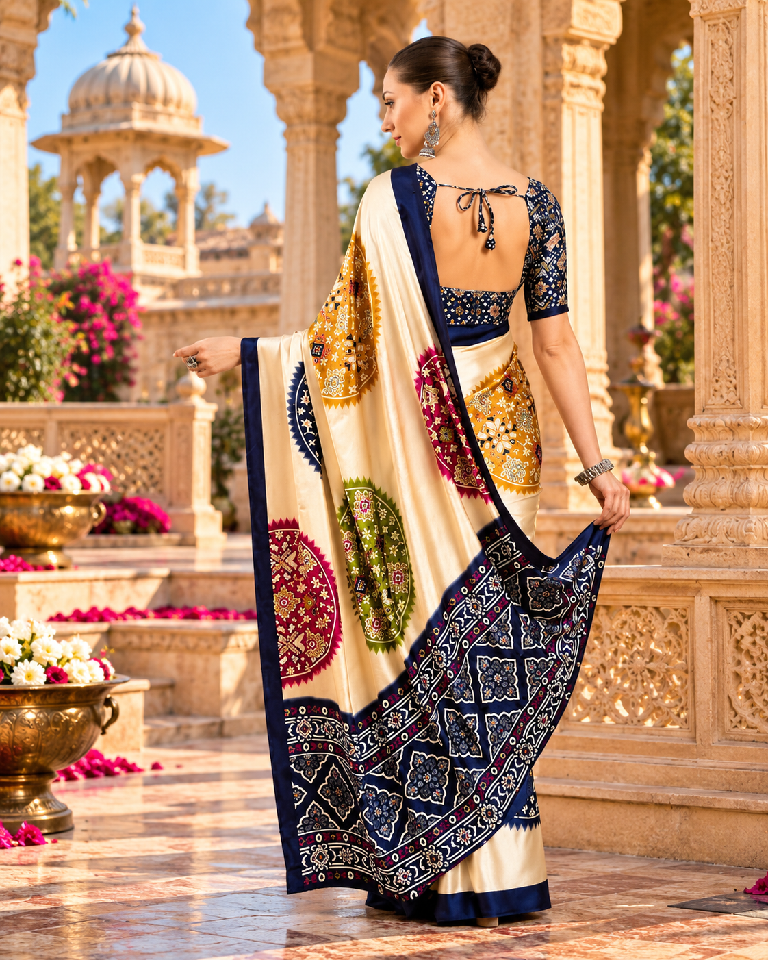 Satin Silk Ajrakh Print saree With Unstitched Blouse(Cream)