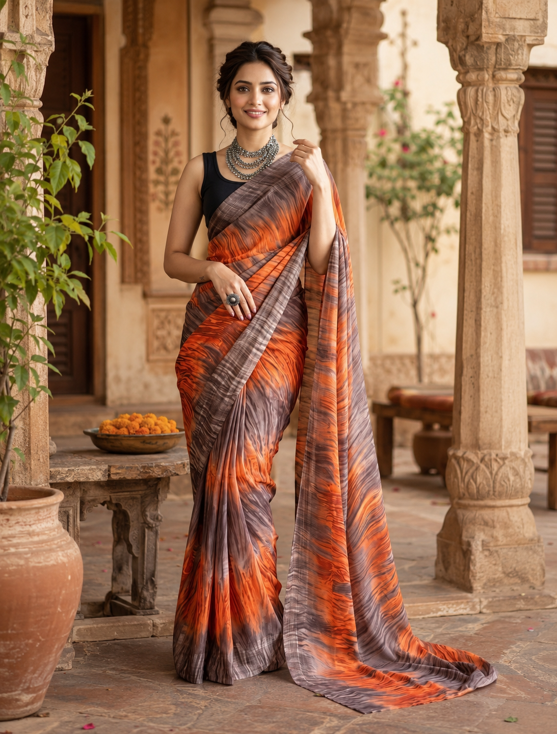 Soft Georgette Ready To Wear Saree With Unstitched Blouse(Orange)