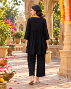 Muslin Cotton Kurti Pant Dupatta Set(Black)