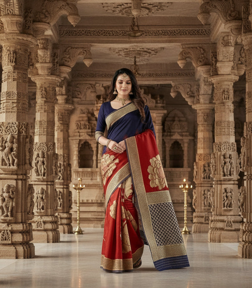 Women's Banarasi Silk Saree With Blouse (Navy Blue, Red, 5-6Mtrs) Kashvii