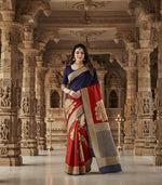 Load image into Gallery viewer, Women's Banarasi Silk Saree With Blouse (Navy Blue, Red, 5-6Mtrs) Kashvii
