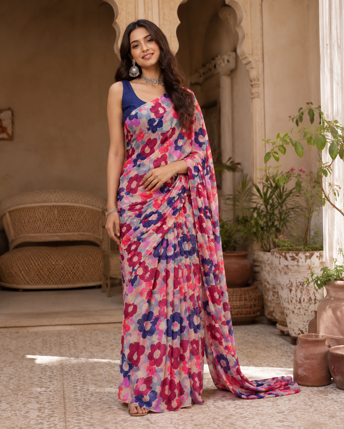 Premium Crepe Silk Floral Print Saree With Unstitched Blouse(Red)