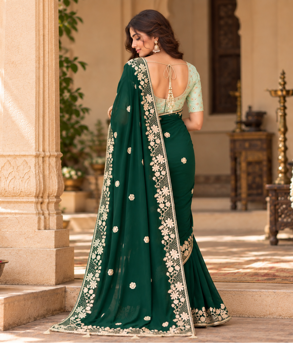 Crepe Silk Sequins Work Saree With Unstitched Blouse(Green)