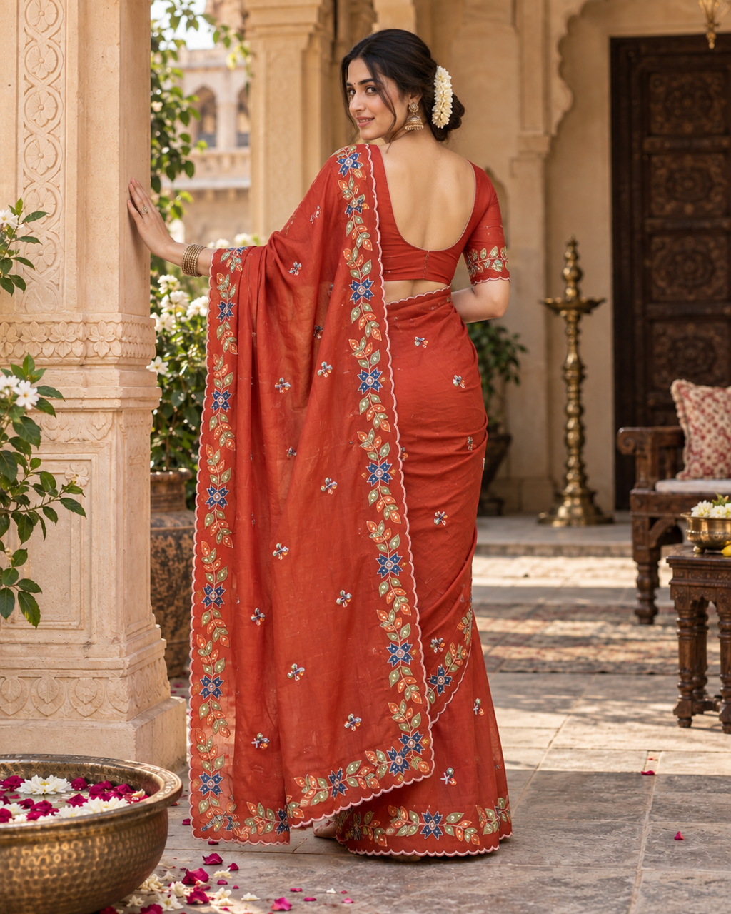 Rangoli Silk Embroidery Work Saree With Unstitched Blouse(Orange)