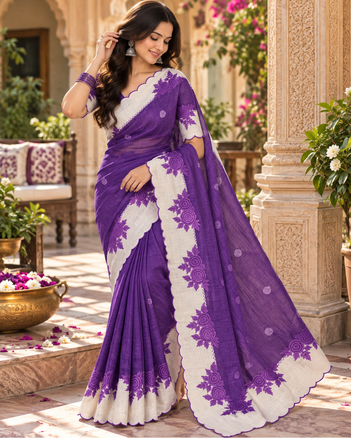 Premium Linen Digital Print Cut Work Border Saree With Ustitched Blouse (Violet)