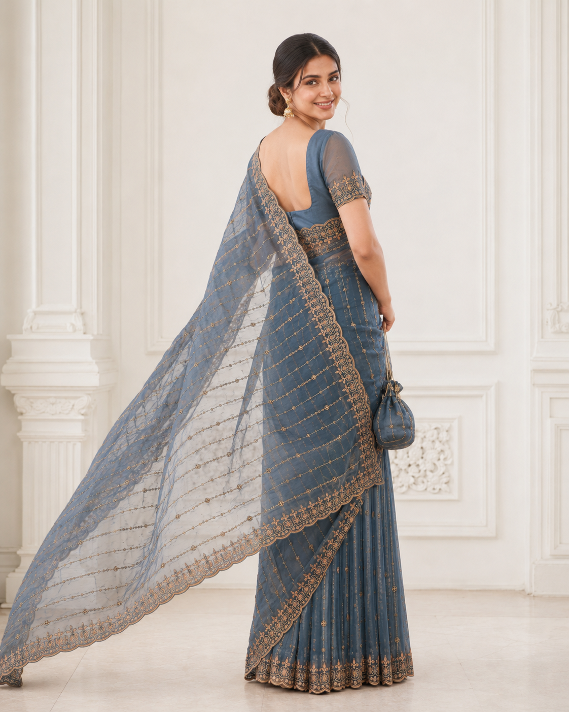 Moss Gold Shine Multi Sequence Embroidery Work Saree With Unstitched Blouse (Teal)