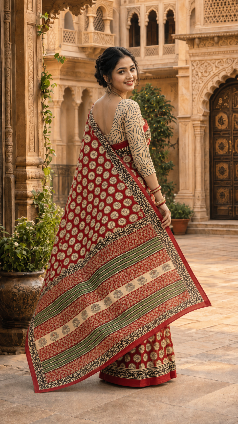 Primum Pure Mulmul Cotton Bagru Print Saree With Unstitched Blouse (Red)