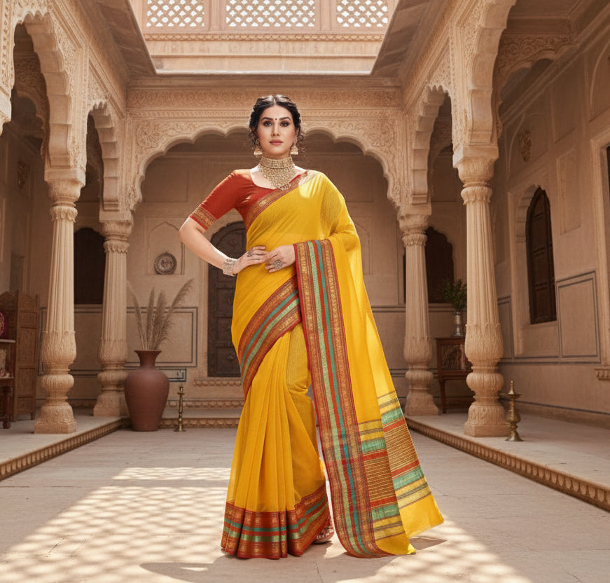 Women's Kota Doria Cotton Bordered Saree With Blouse (Yellow, 5-6 Mtrs) Kashvii