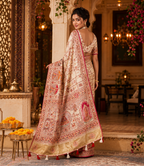 Premium Luxurious Pachmina  Lagdi Patta Saree With Unstitched Blouse (Ivory Cream)