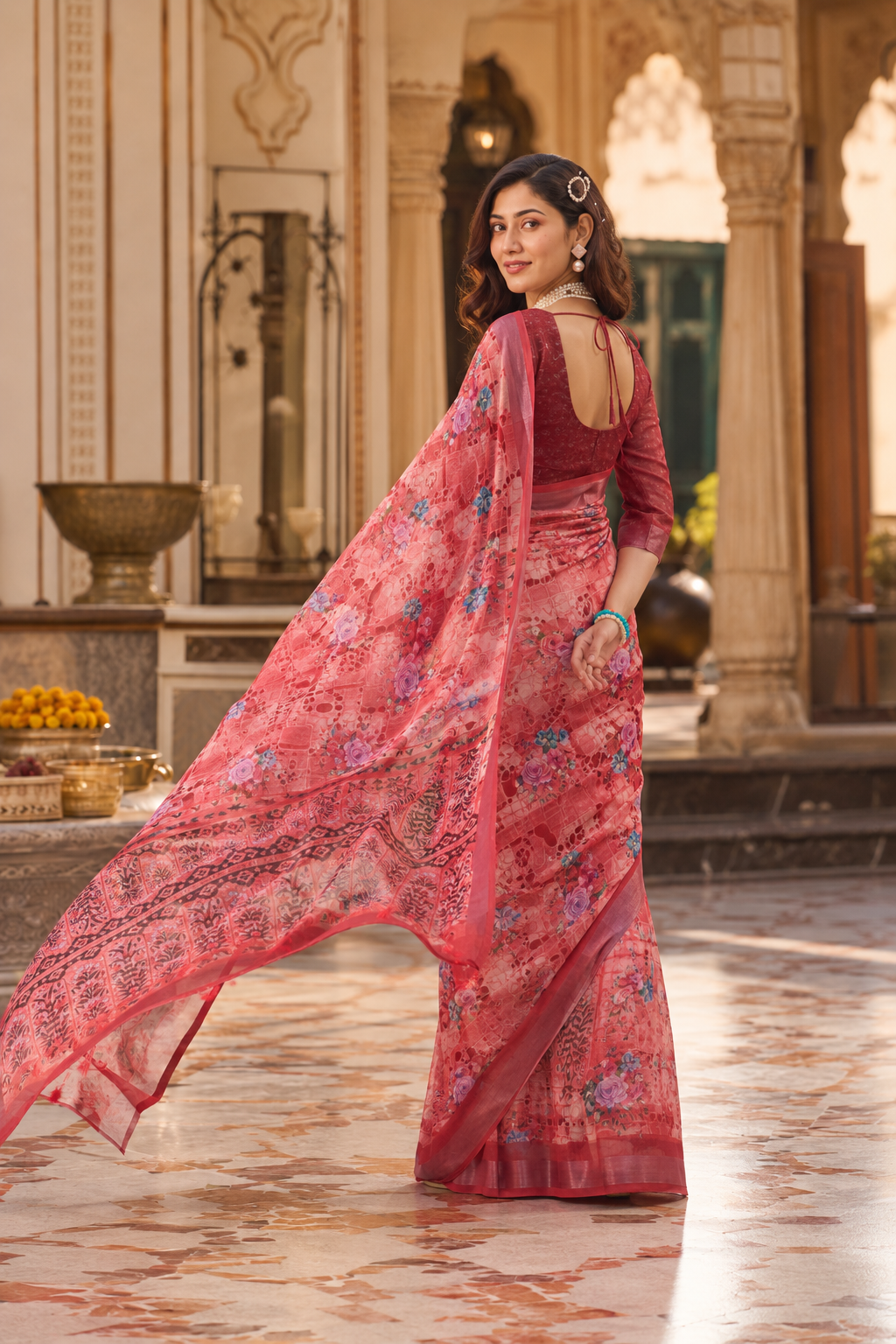 Premium Linen Floral Print Traditional Patola Border Saree with Unstitched Blouse (Reddish)