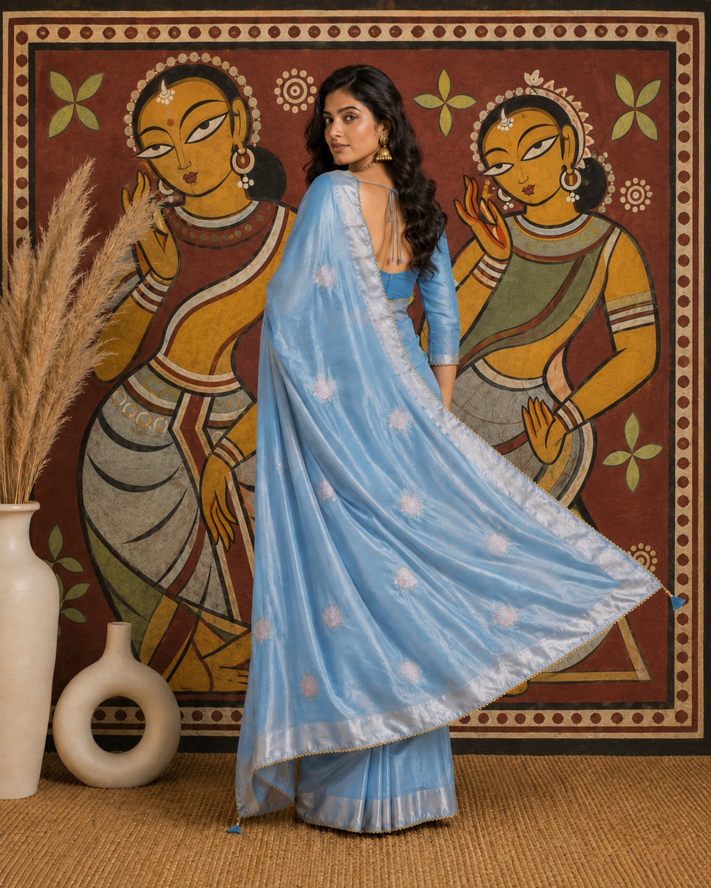 Gold Span Embroidery Moti Beats Zari Patta Border Silk Saree With Unstitched Blouse (Sky Blue)