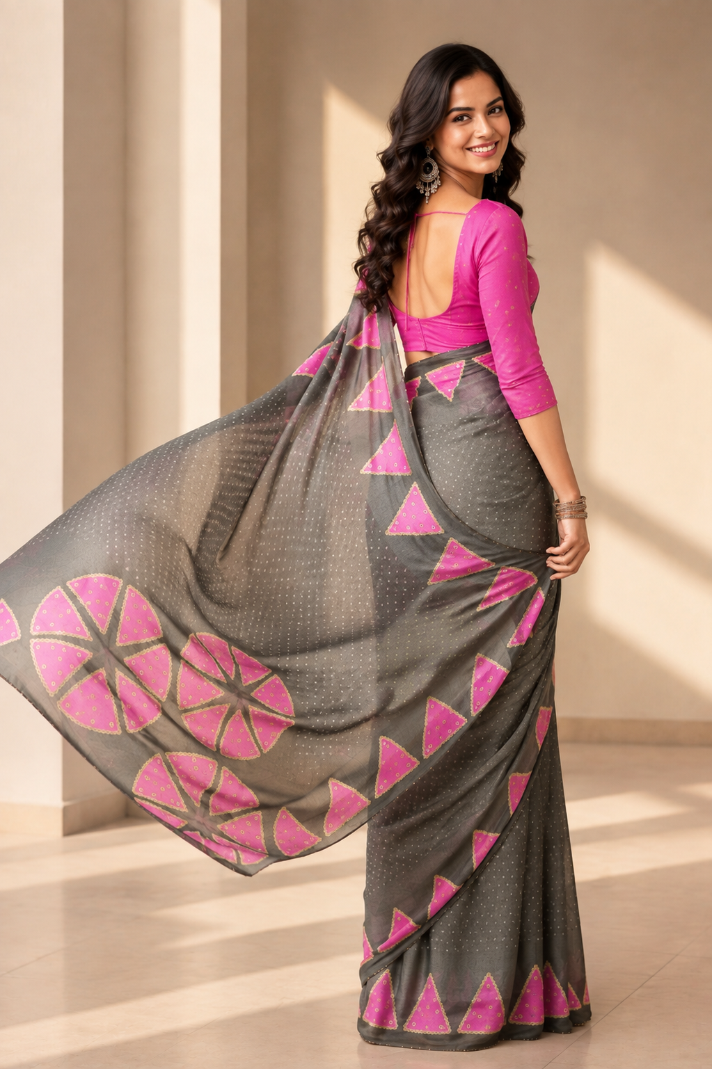 Elegance Premium Chiffon Fabric With Sequence Floral Printed Saree With Unstitched Blouse (Grey)