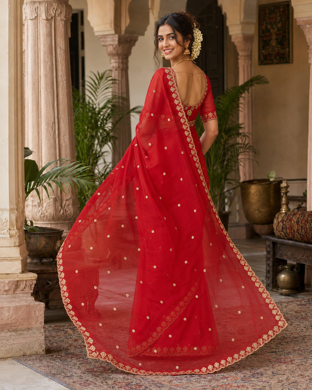Premium Jamdhani Handloom Silk Jari Border Saree With Unstitched Blouse (Red)