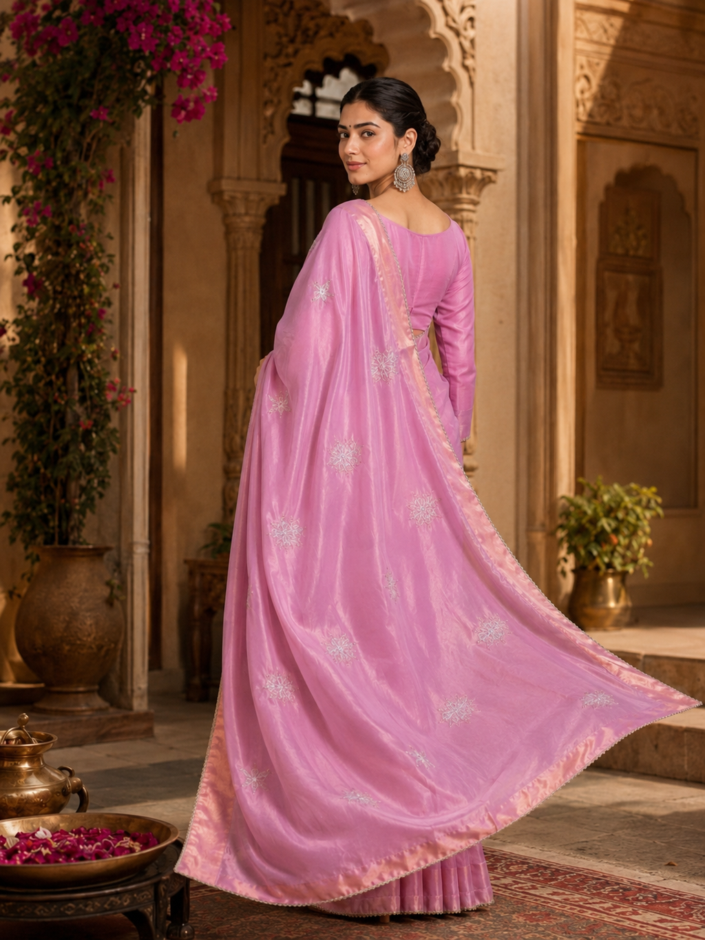 Gold Span  Embroidery Moti Beats Zari Patta Border Silk Saree With Unstitched Blouse (Pink)