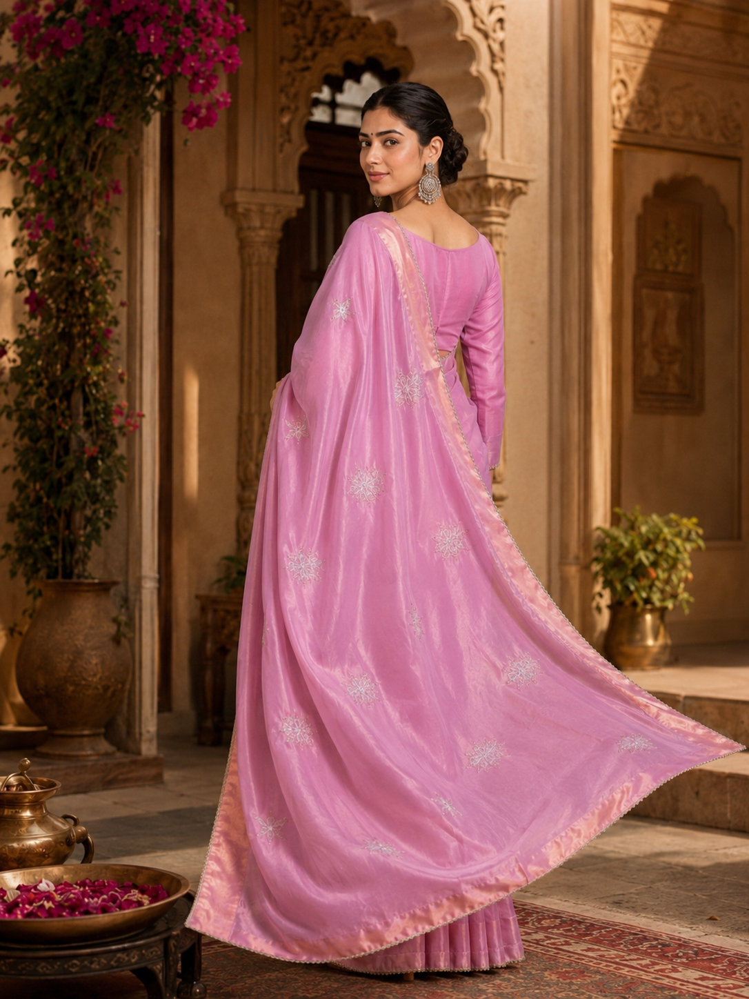 Gold Span  Embroidery Moti Beats Zari Patta Border Silk Saree With Unstitched Blouse (Pink)