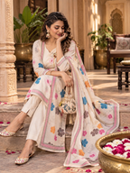 Cotton Digital Print Kurti Set With Dupatta(Cream)