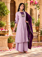 Roman Silk Anarkali Kurti Pant Set With Dupatta(Lavender)