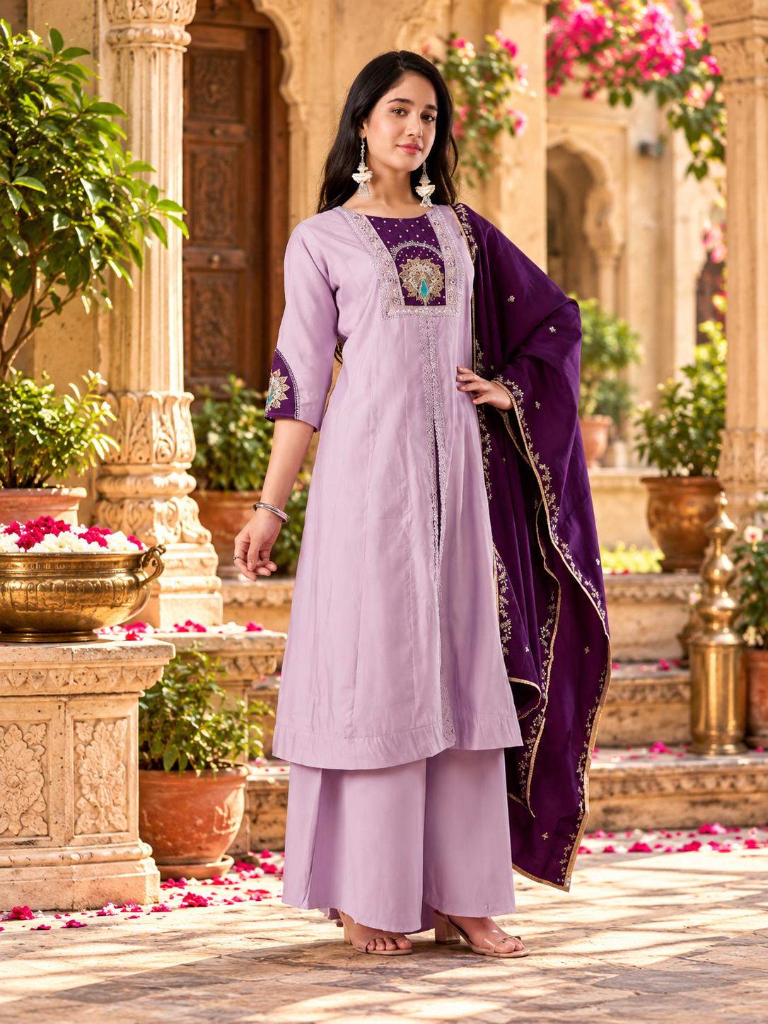 Roman Silk Anarkali Kurti Pant Set With Dupatta(Lavender)