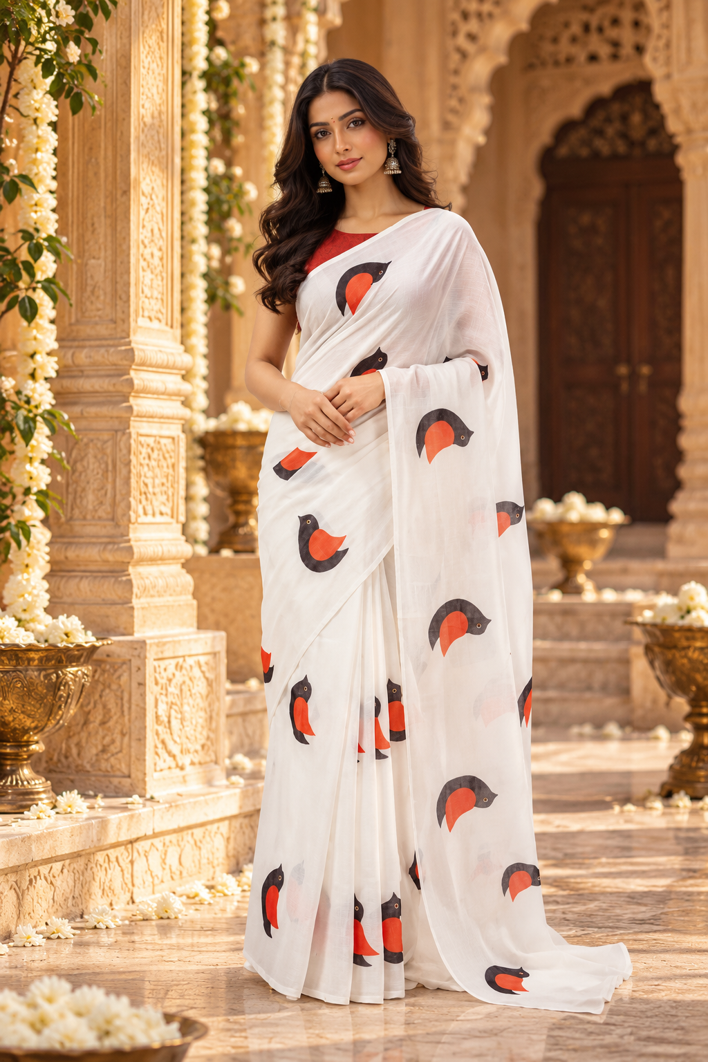 Pure Cotton Digital Printed Saree With Unstitched Blouse (White)
