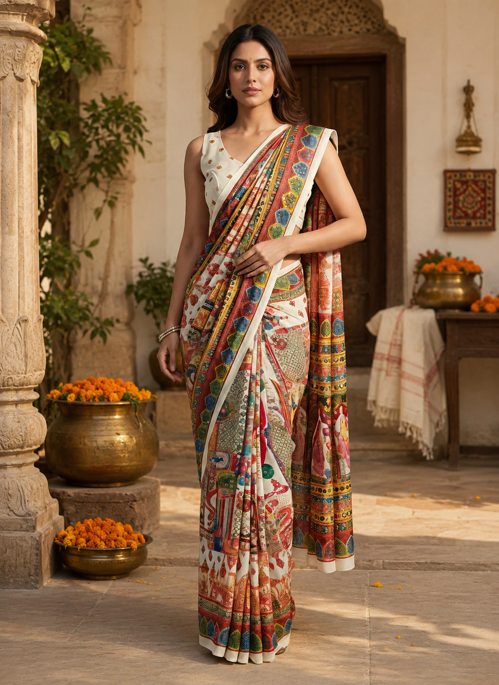 Georgette Digital Print Mirror Work Saree With Unstitched Blouse(White)