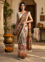 Georgette Digital Print Mirror Work Saree With Unstitched Blouse(White)