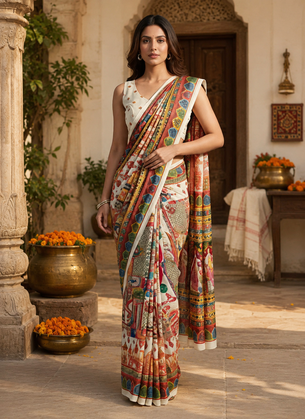 Georgette Digital Print Mirror Work Saree With Unstitched Blouse(White)