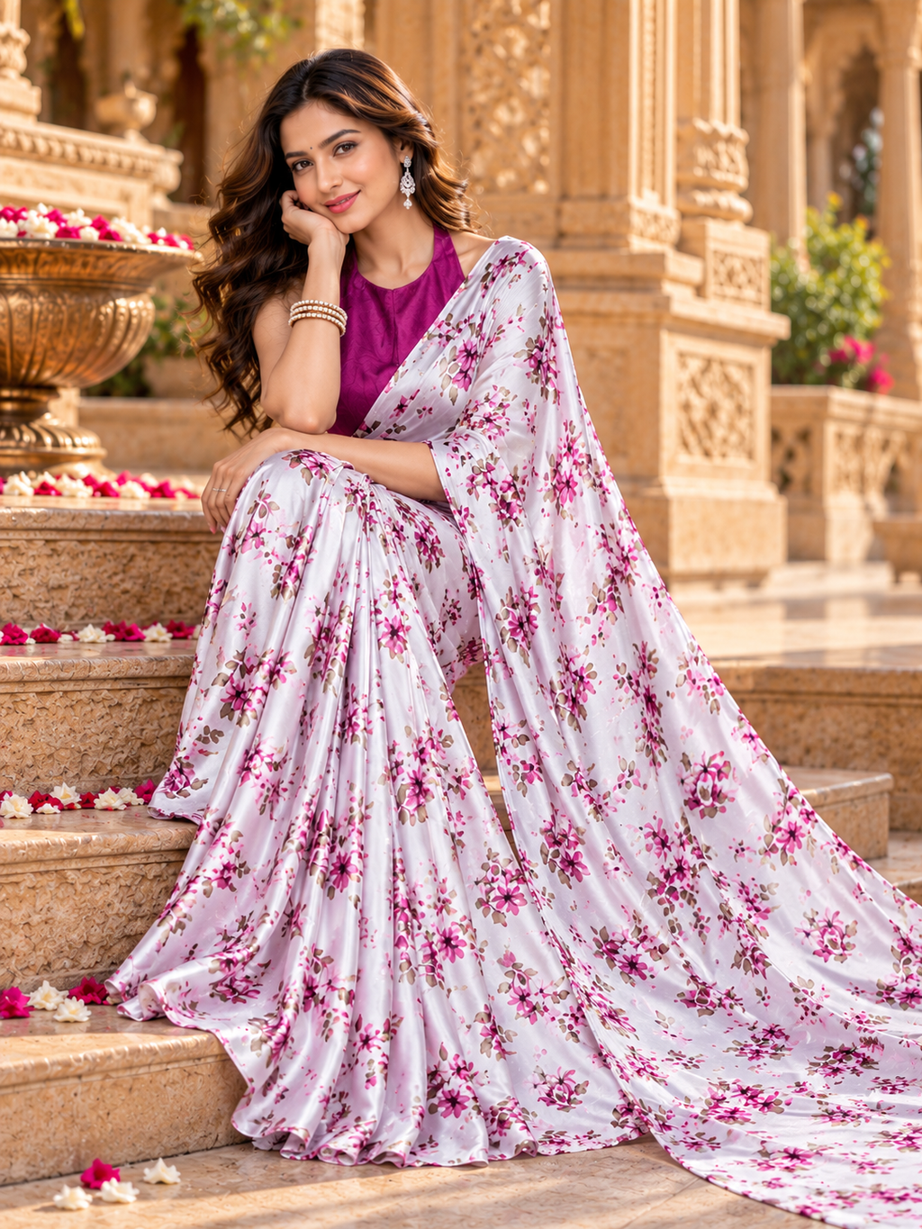 Satin Silk Floral Print Saree With Unstitched Blouse(Burgandy)