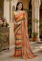 Organza Lehriya Printed Moti Lace Work Saree With Unstitched Blouse(Salmon)