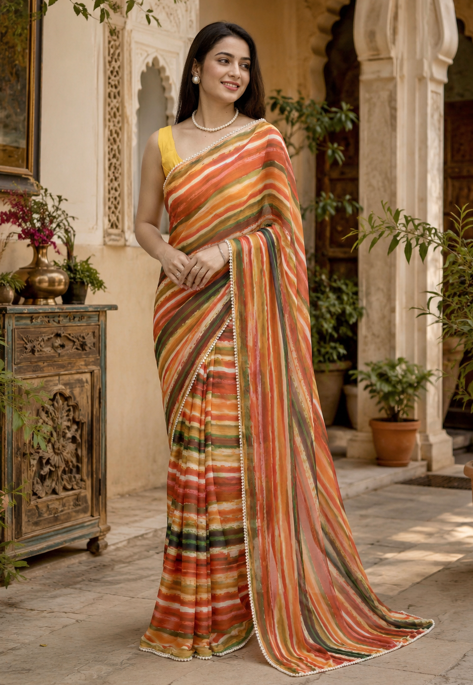 Organza Lehriya Printed Moti Lace Work Saree With Unstitched Blouse(Salmon)