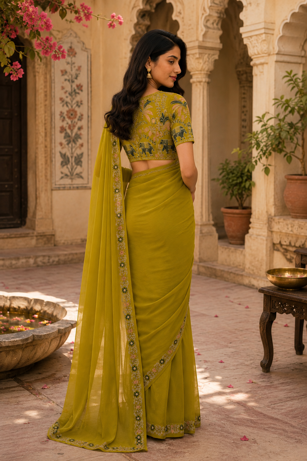 Sequins Embroidery Georgette Saree With Unstitched Blouse(Mustard)