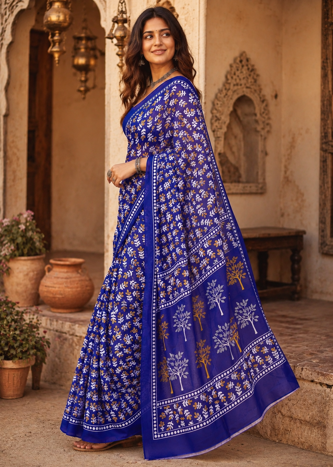 Pure Mulmul Cotton Printed Saree With Unstitched Blouse(Violet)