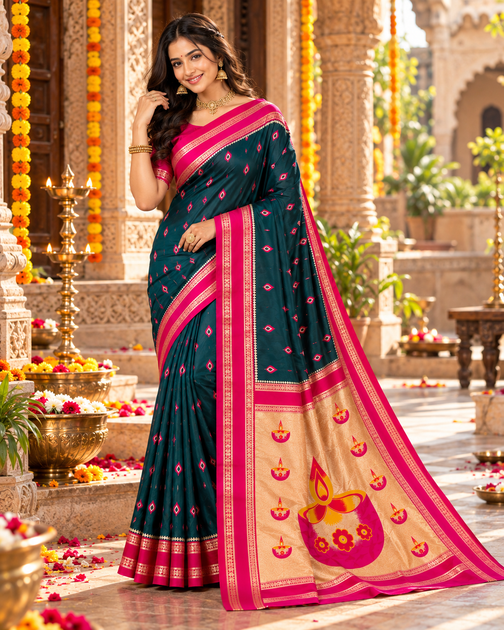 Banarasi Soft Silk Zari Border Saree With Unstitched Blouse(Dark Green)