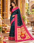 Banarasi Soft Silk Zari Border Saree With Unstitched Blouse(Dark Green)