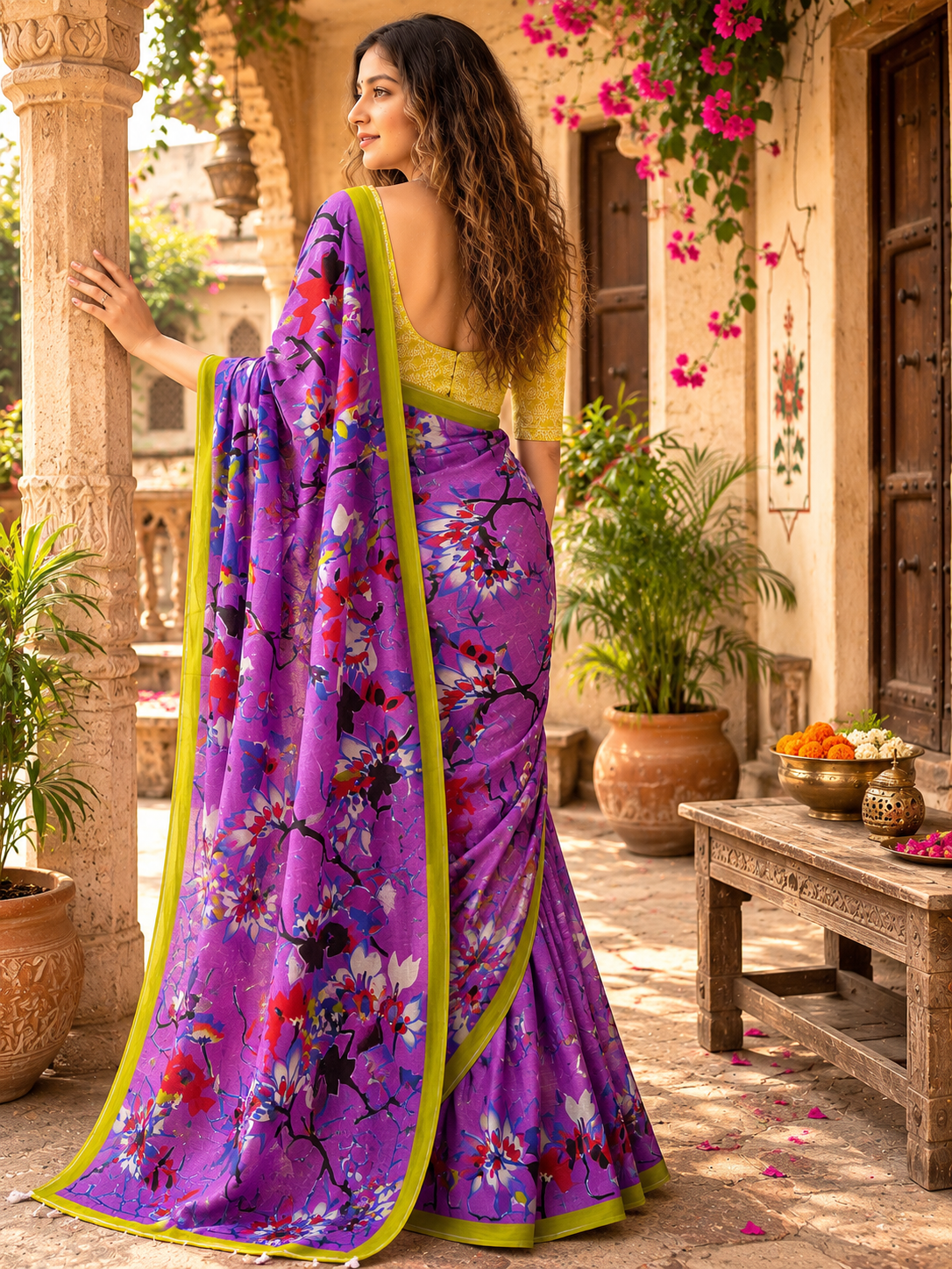 Mulmul Cotton Floral Printed Saree With Unstitched Blouse(Purple)