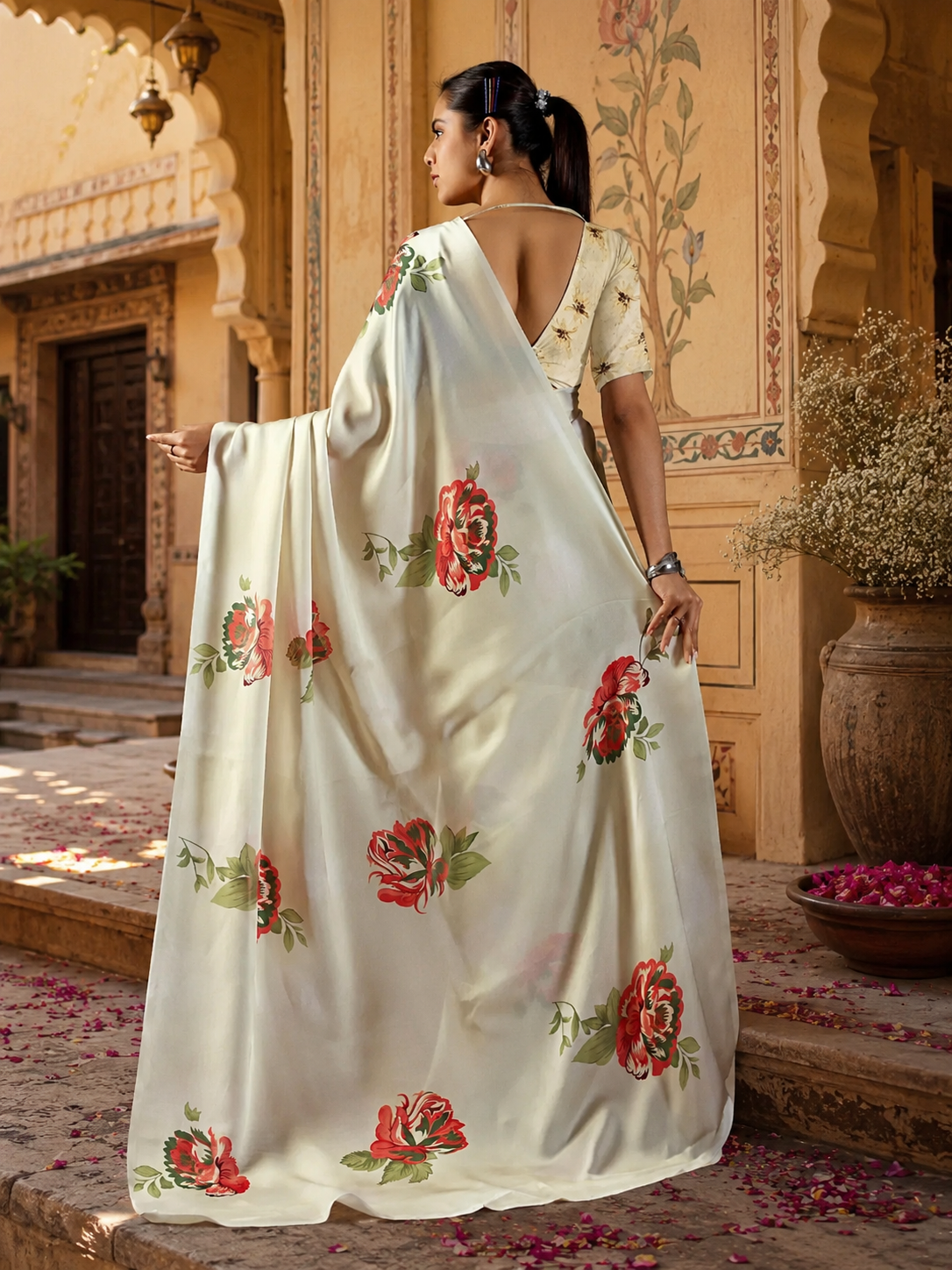 Soft elegant satin georgette saree with unstitched blouse( cream)