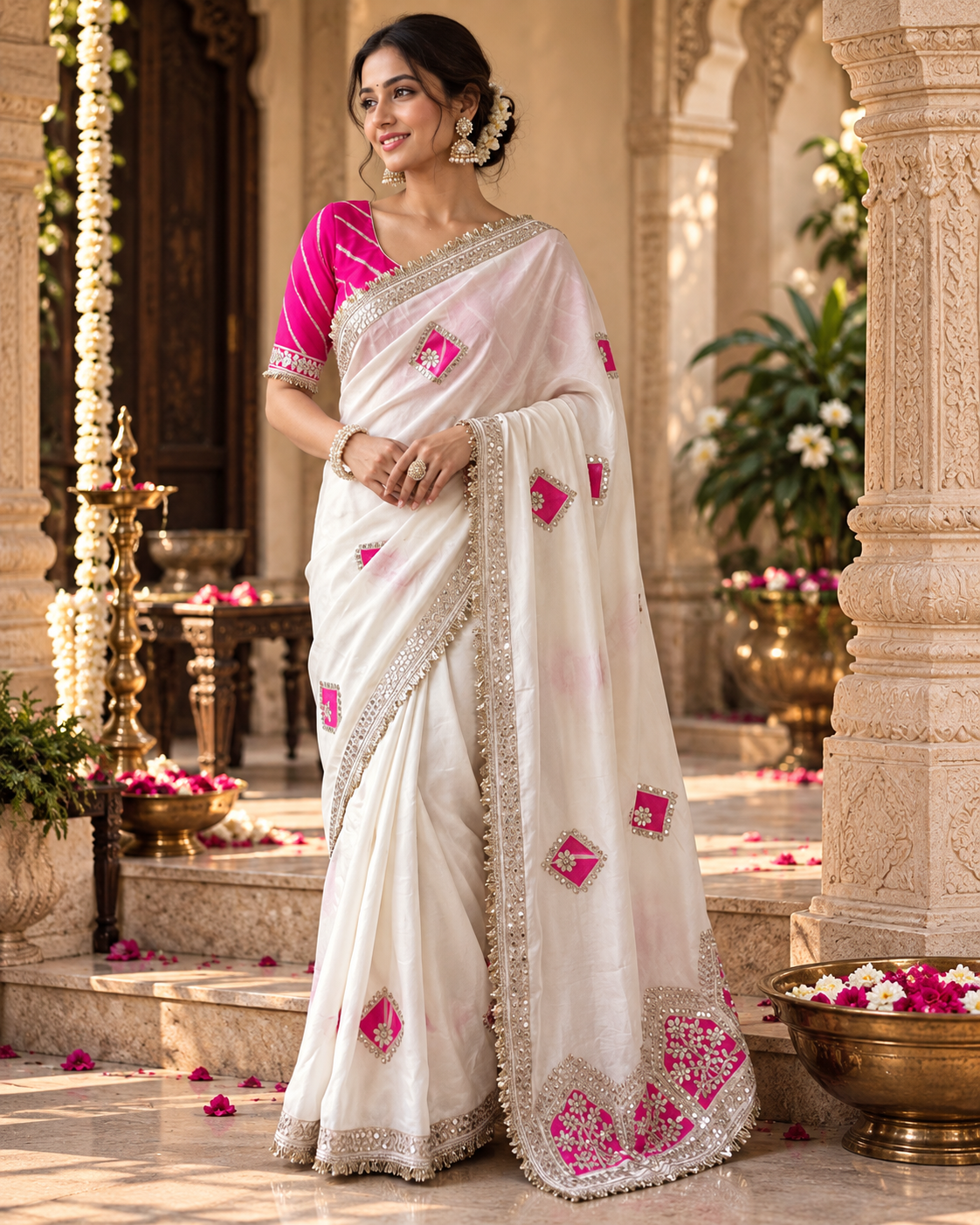 Pure Crepe Silk Lehriya Print Saree With Unstitched Blouse(White)
