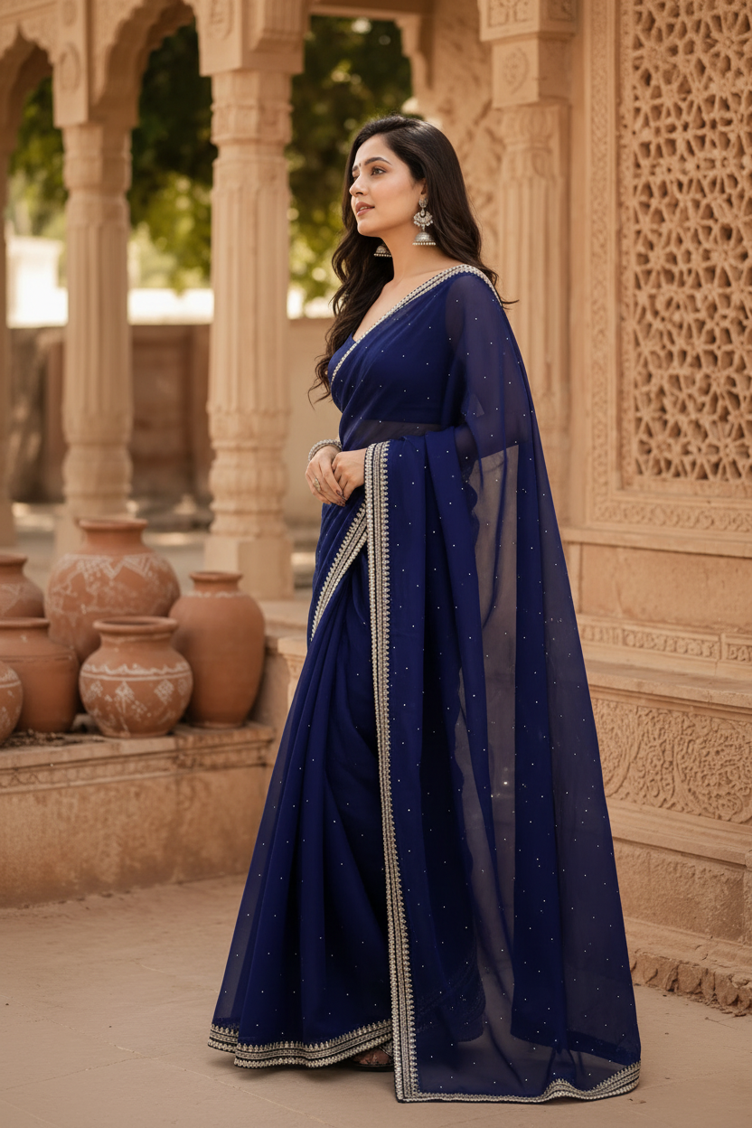 Organza Silk Sequins Work Saree With Unstitched Blouse(Blue)