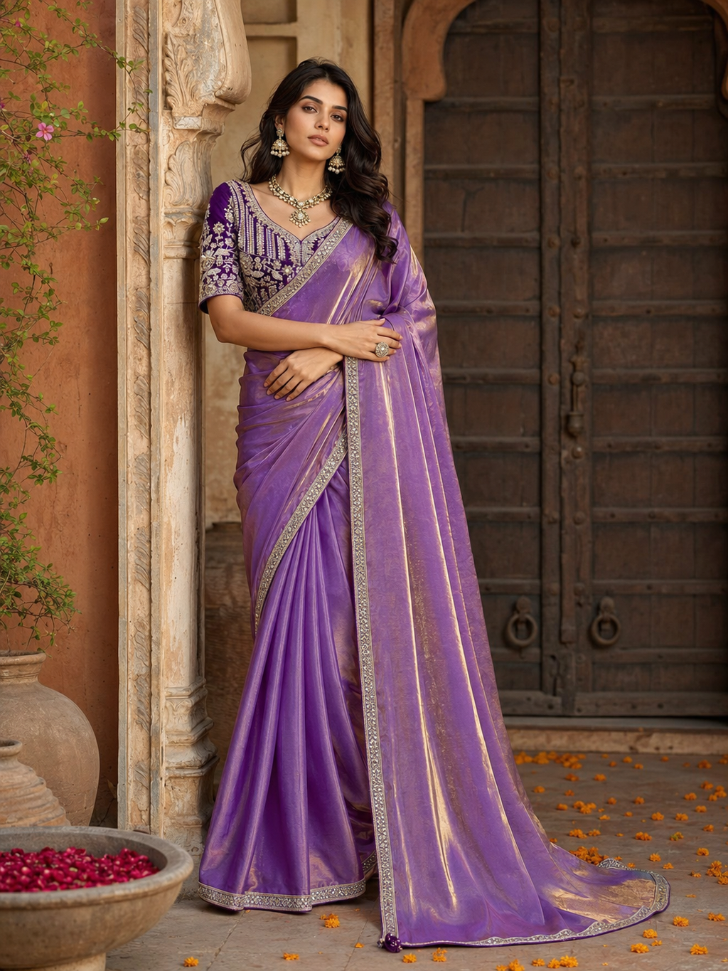 Premium Velvet Satin Party wear Saree With Unstitched Blouse(Purple)