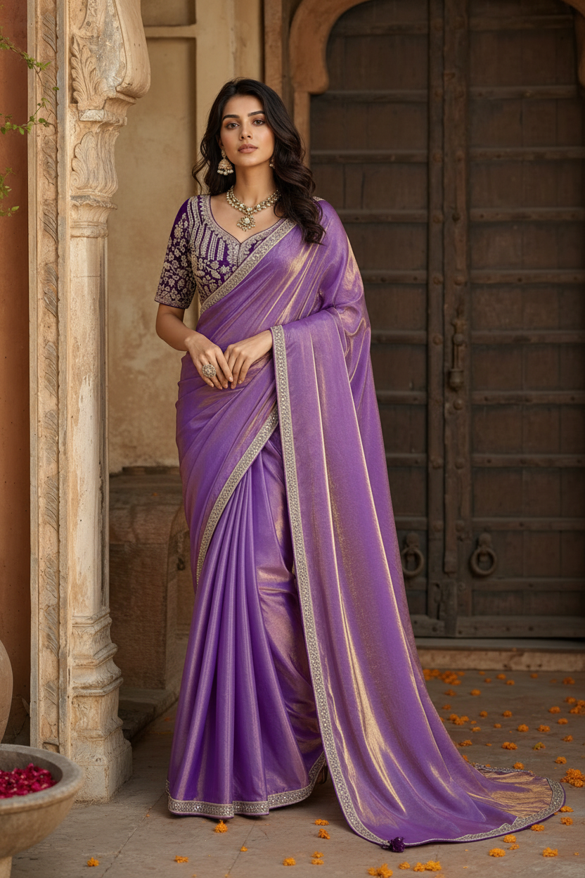 Premium Velvet Satin Party wear Saree With Unstitched Blouse(Purple)