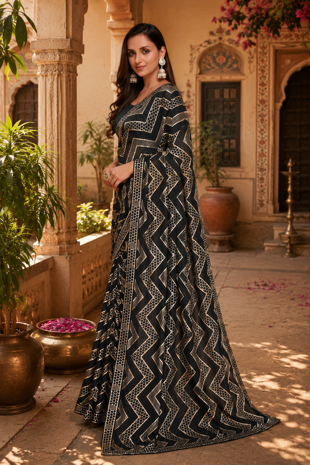 Premium Georgette Sequence Work Saree Within Unstitched Blouse(Black)