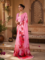 Georgette Satin Floral Printed Saree With Unstitched Blouse(Pink)