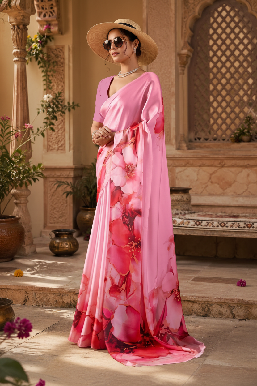 Georgette Satin Floral Printed Saree With Unstitched Blouse(Pink)