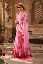 Load image into Gallery viewer, Georgette Satin Floral Printed Saree With Unstitched Blouse(Pink)
