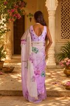 Organza Silk Ready To wear Printed Saree With Unstitched Blouse(Violet)
