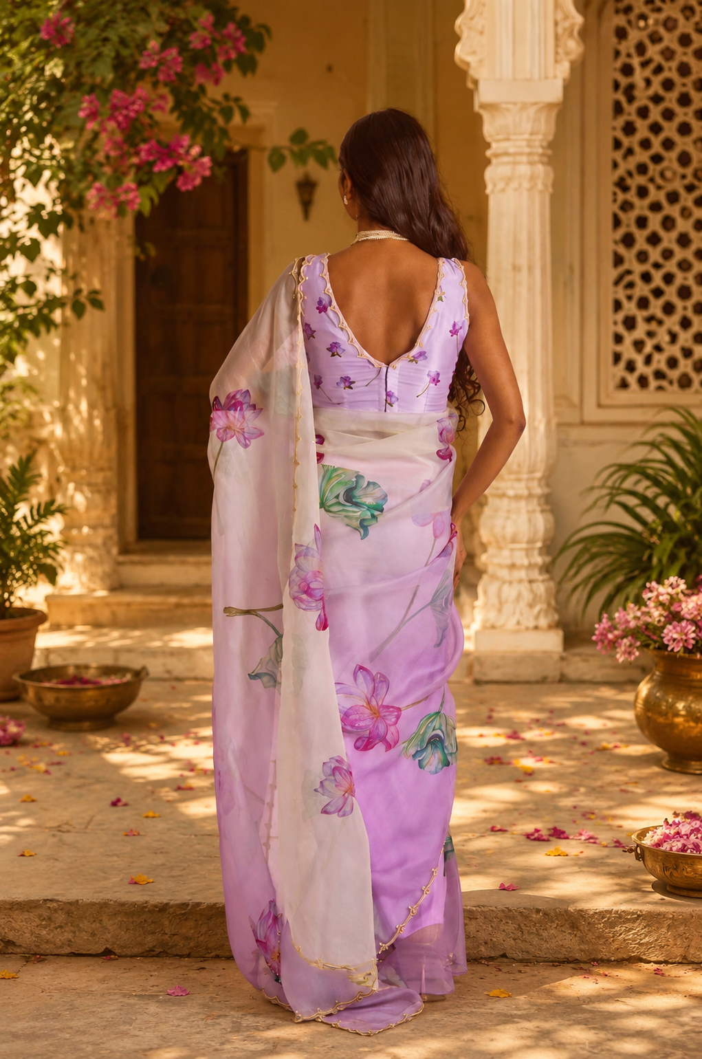 Organza Silk Ready To wear Printed Saree With Unstitched Blouse(Violet)