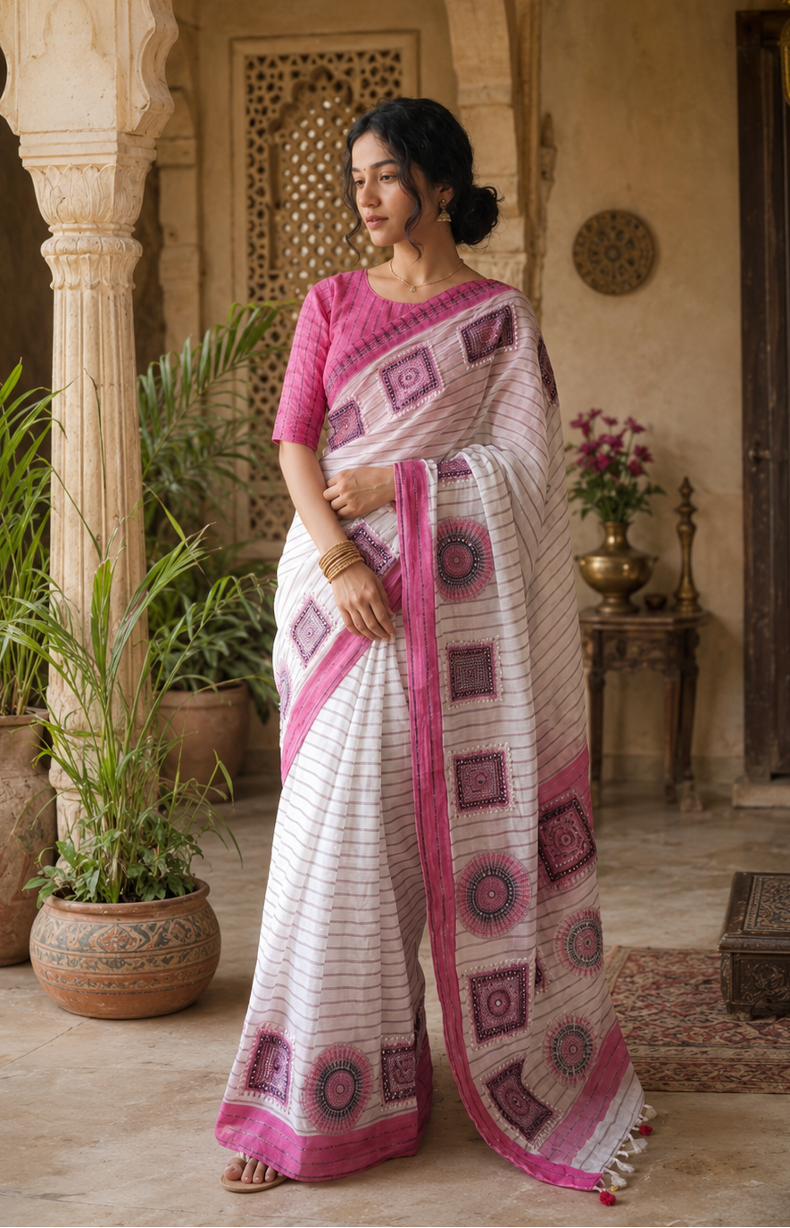 Linen Mirror Work Printed Saree with Unstitched Blouse( Rich Pink)