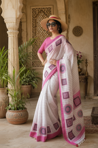 Linen Mirror Work Printed Saree with Unstitched Blouse( Rich Pink)