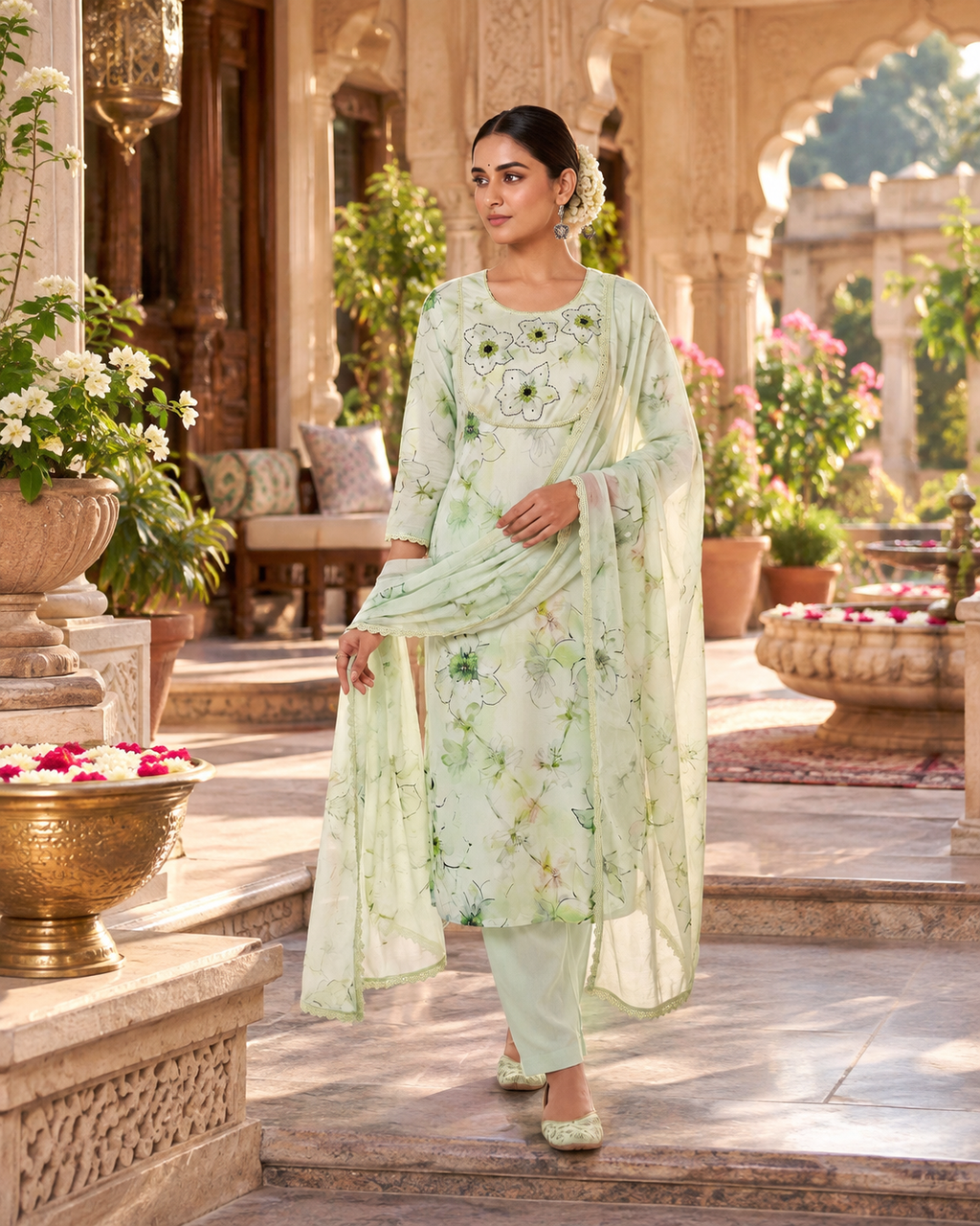 Pure Cotton Kurti Pant And Dupatta Set(Light Green)